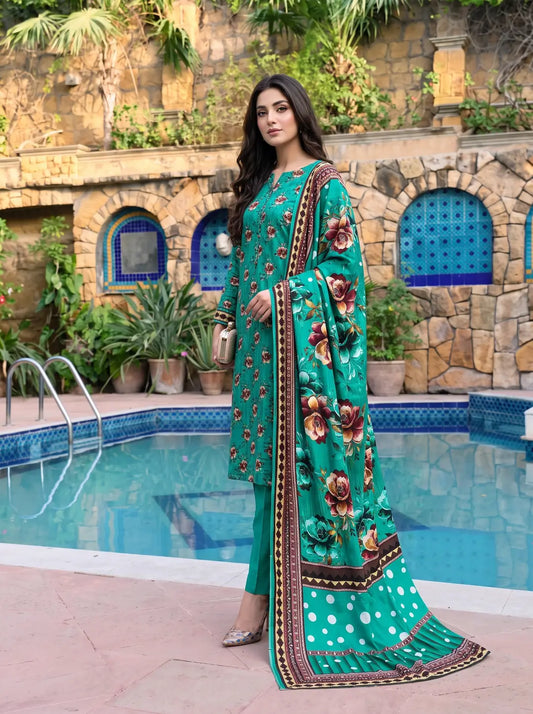 3-Piece Digital Printed Winter Linen Suit — Midnight Emerald