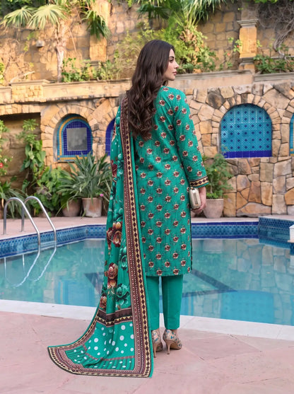 3-Piece Digital Printed Winter Linen Suit — Midnight Emerald
