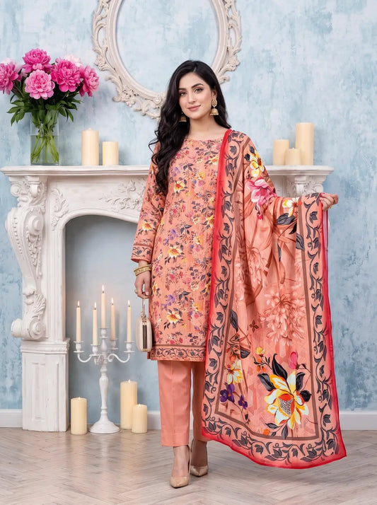 3-Piece Digital Printed Winter Linen Suit — Crimson Rose