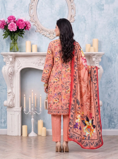 3-Piece Digital Printed Winter Linen Suit — Crimson Rose
