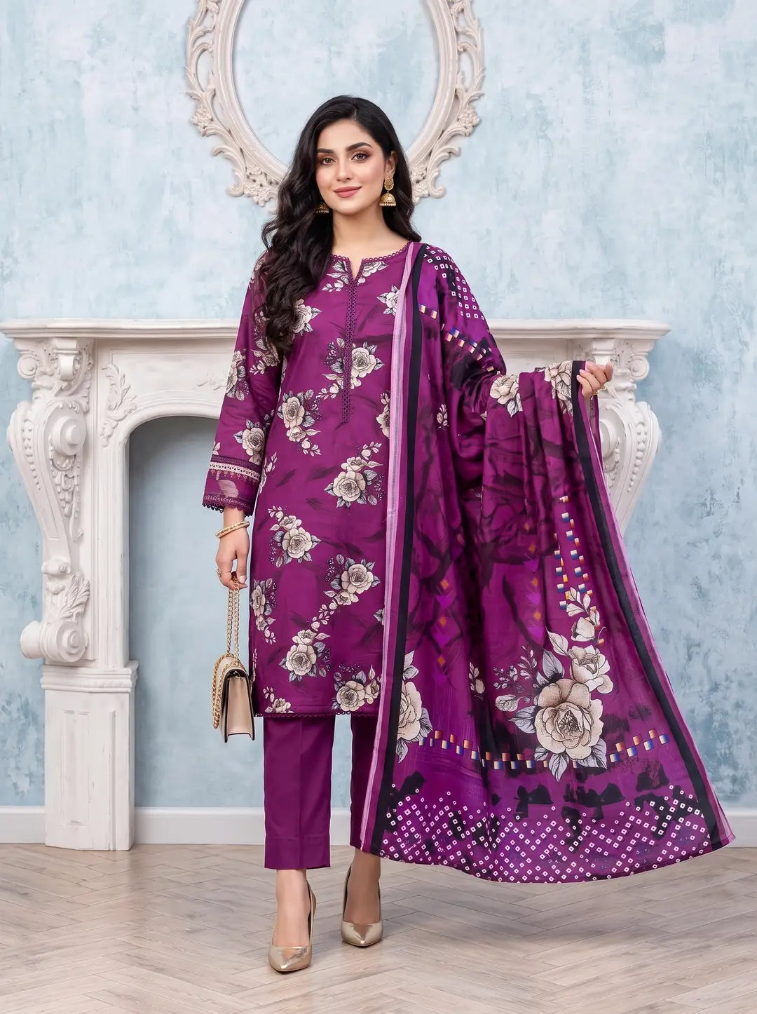 3-Piece Digital Printed Winter Linen Suit — Azure Breeze