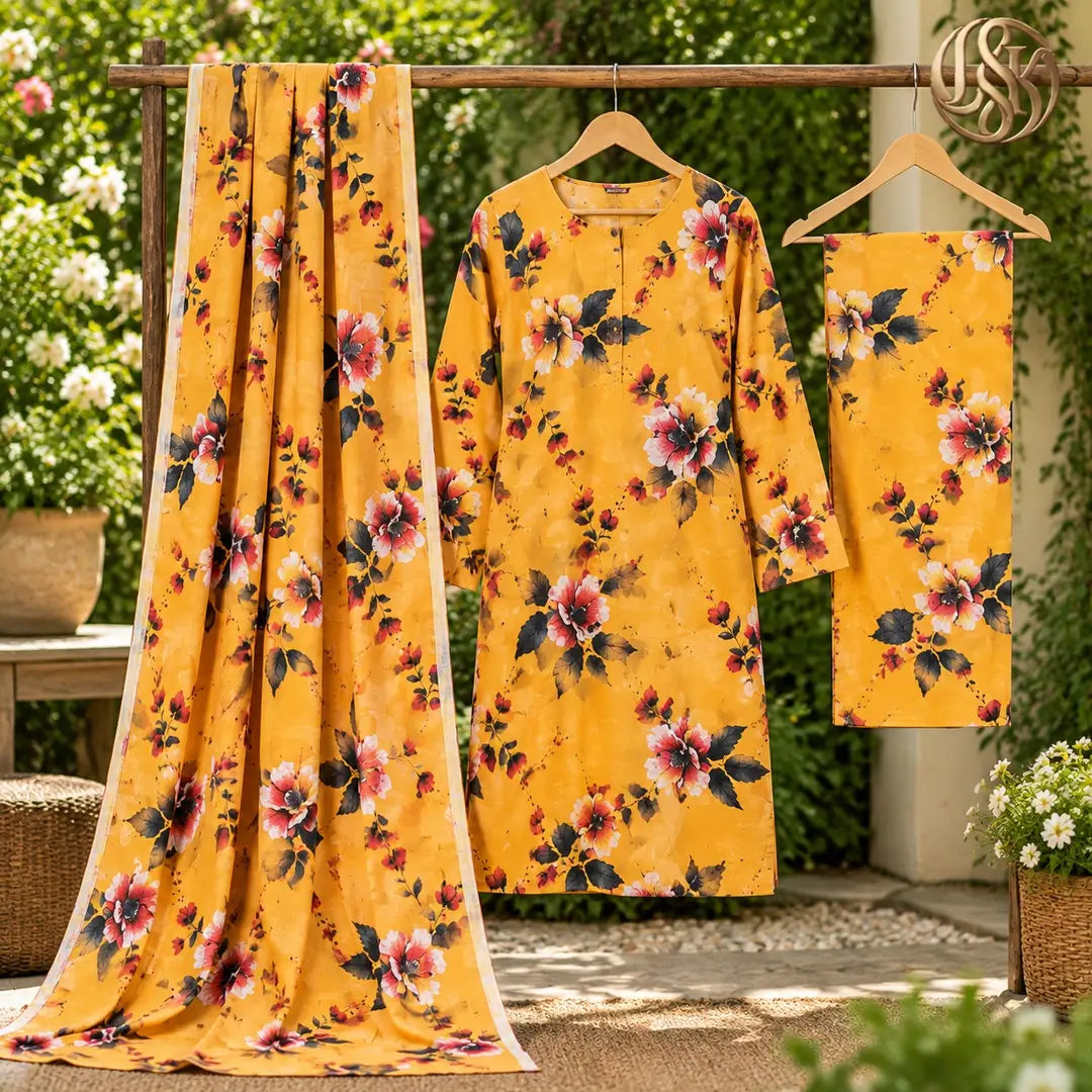 3-Piece Artisanal Digital Print Winter Khaddar Suit — OSK-08 (Burnished Rust)
