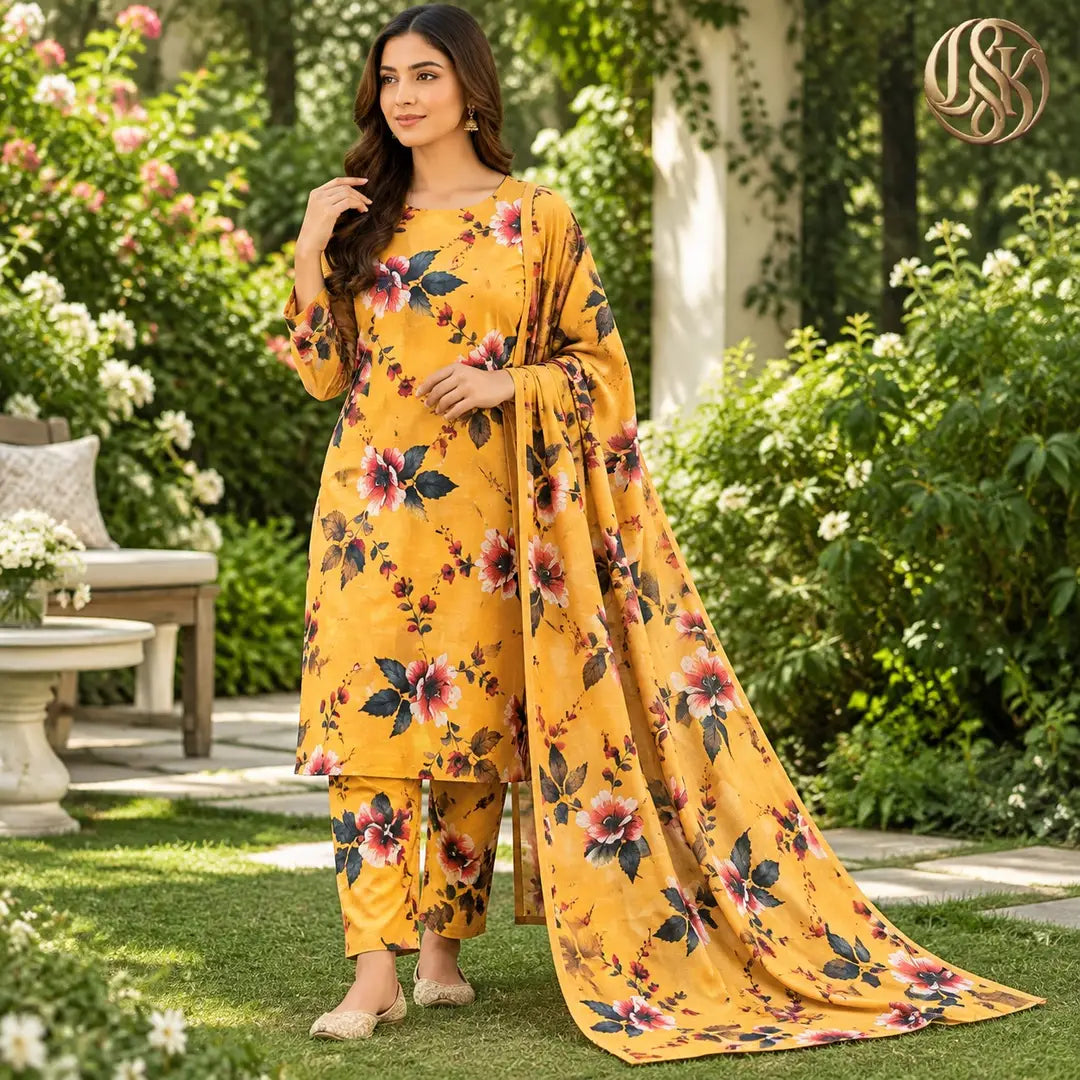 3-Piece Artisanal Digital Print Winter Khaddar Suit — OSK-08 (Burnished Rust)