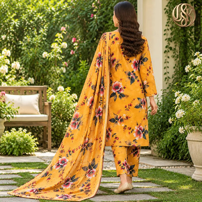 3-Piece Artisanal Digital Print Winter Khaddar Suit — OSK-08 (Burnished Rust)