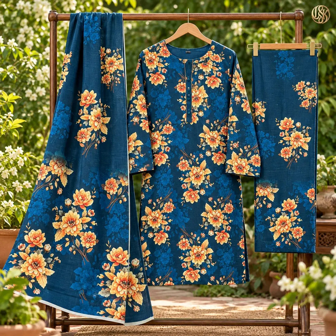 3-Piece Artisanal Digital Print Winter Khaddar Suit — OSK-04 (Imperial Plum)