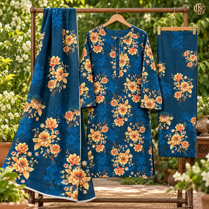 3-Piece Artisanal Digital Print Winter Khaddar Suit — OSK-04 (Imperial Plum)