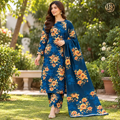 3-Piece Artisanal Digital Print Winter Khaddar Suit — OSK-04 (Imperial Plum)