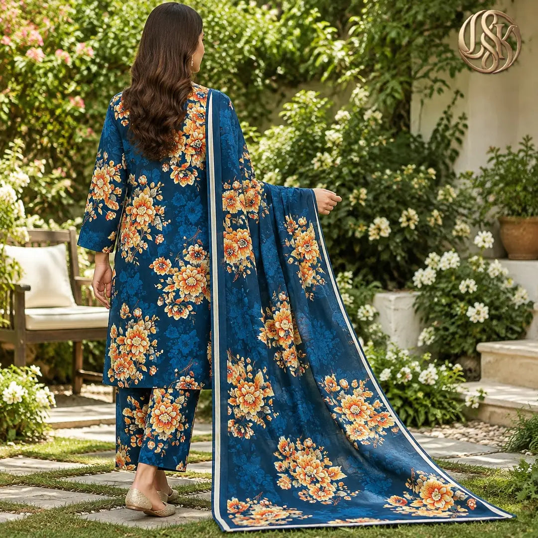 3-Piece Artisanal Digital Print Winter Khaddar Suit — OSK-04 (Imperial Plum)