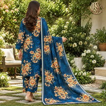 3-Piece Artisanal Digital Print Winter Khaddar Suit — OSK-04 (Imperial Plum)