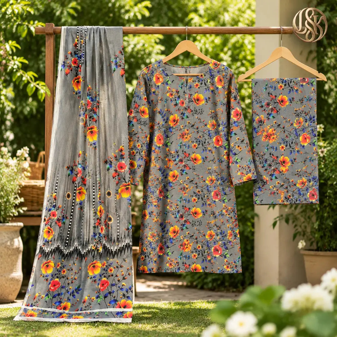 3-Piece Artisanal Digital Print Winter Khaddar Suit — OSK-11 (Olive Sage)