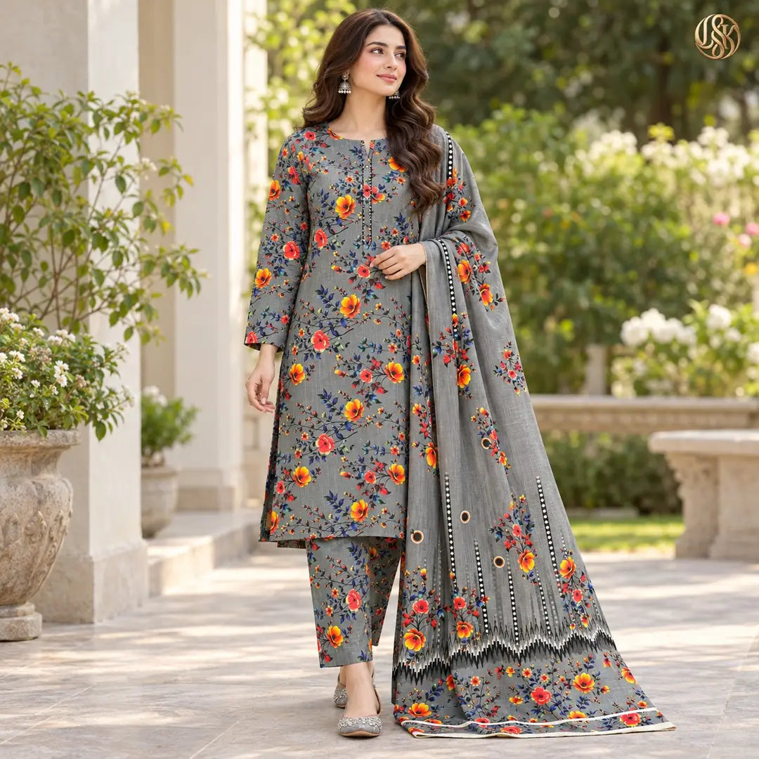 3-Piece Artisanal Digital Print Winter Khaddar Suit — OSK-11 (Olive Sage)