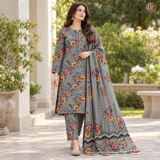 3-Piece Artisanal Digital Print Winter Khaddar Suit — OSK-11 (Olive Sage)