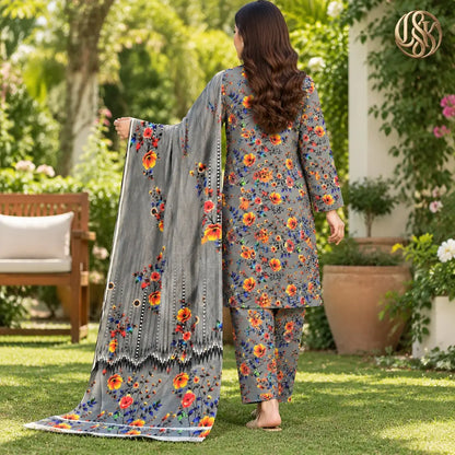 3-Piece Artisanal Digital Print Winter Khaddar Suit — OSK-11 (Olive Sage)