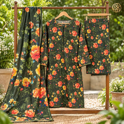 3-Piece Artisanal Digital Print Winter Khaddar Suit — OSK-06 (Mocha Sand)