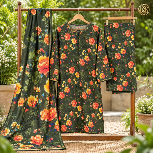 3-Piece Artisanal Digital Print Winter Khaddar Suit — OSK-06 (Mocha Sand)