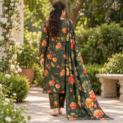 3-Piece Artisanal Digital Print Winter Khaddar Suit — OSK-06 (Mocha Sand)