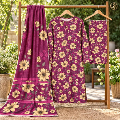 3-Piece Artisanal Digital Print Winter Khaddar Suit — OSK-10 (Plum Amethyst)