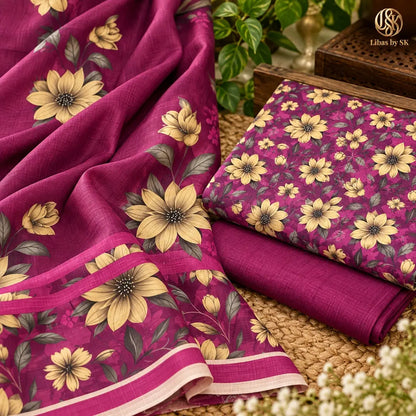 3-Piece Artisanal Digital Print Winter Khaddar Suit — OSK-10 (Plum Amethyst)
