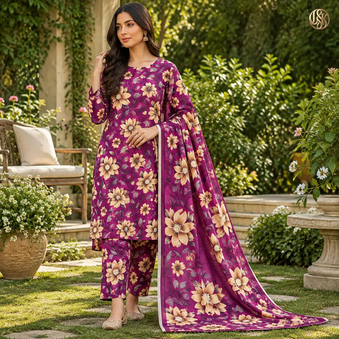 3-Piece Artisanal Digital Print Winter Khaddar Suit — OSK-10 (Plum Amethyst)