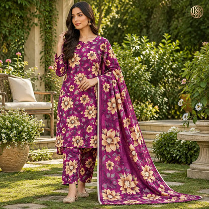 3-Piece Artisanal Digital Print Winter Khaddar Suit — OSK-10 (Plum Amethyst)