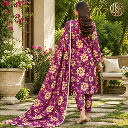 3-Piece Artisanal Digital Print Winter Khaddar Suit — OSK-10 (Plum Amethyst)