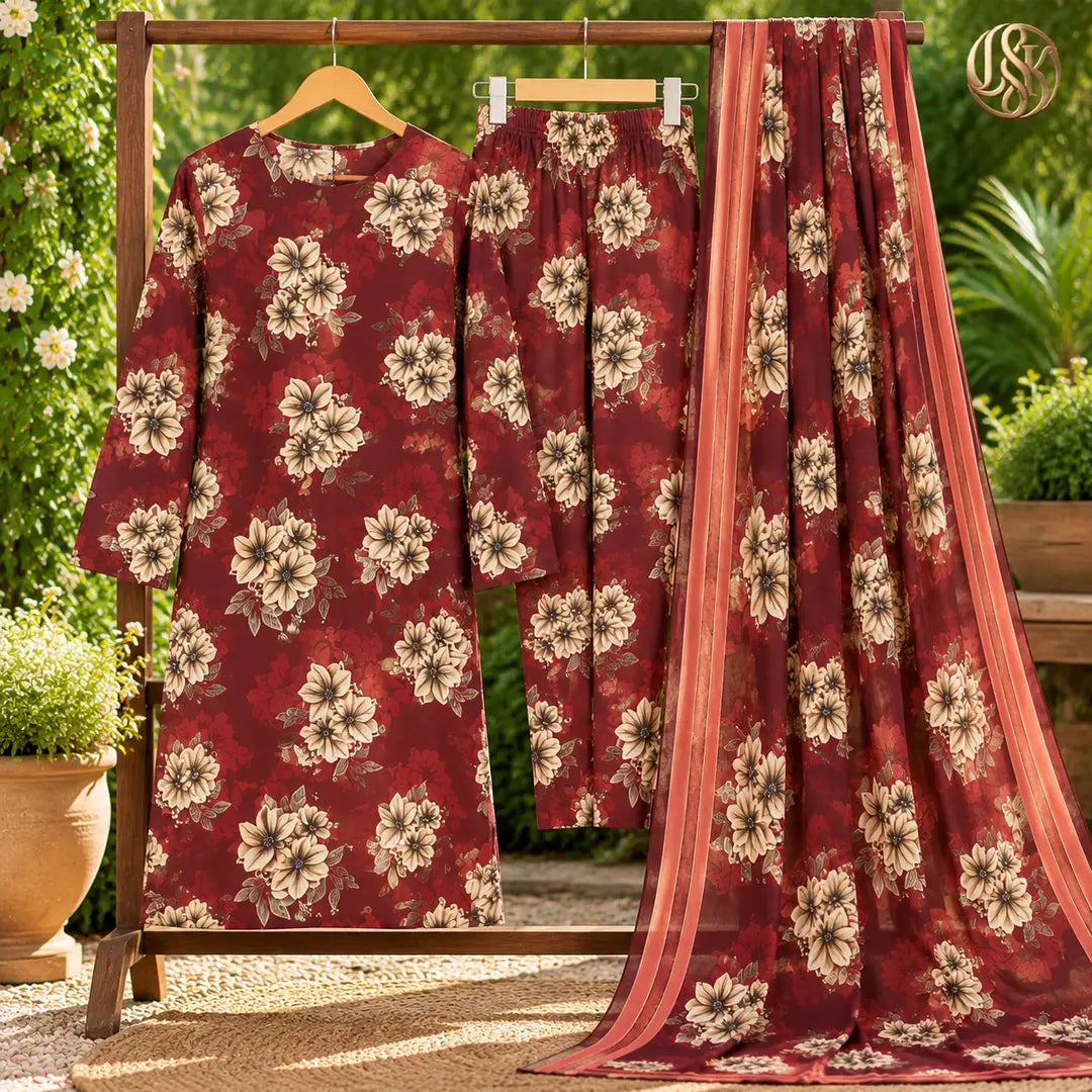 3-Piece Artisanal Digital Print Winter Khaddar Suit — OSK-09 (Charcoal Slate)