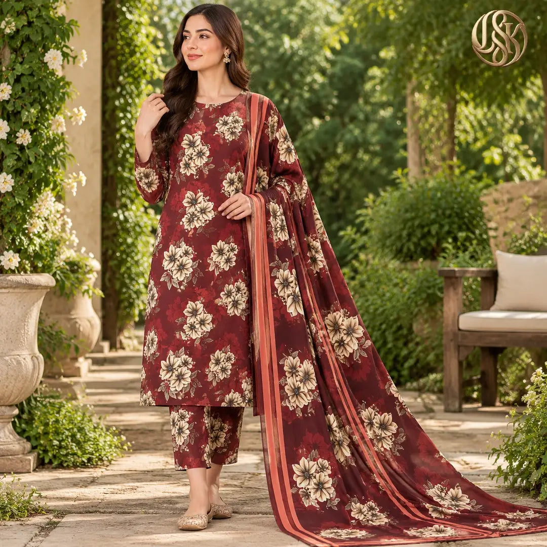 3-Piece Artisanal Digital Print Winter Khaddar Suit — OSK-09 (Charcoal Slate)