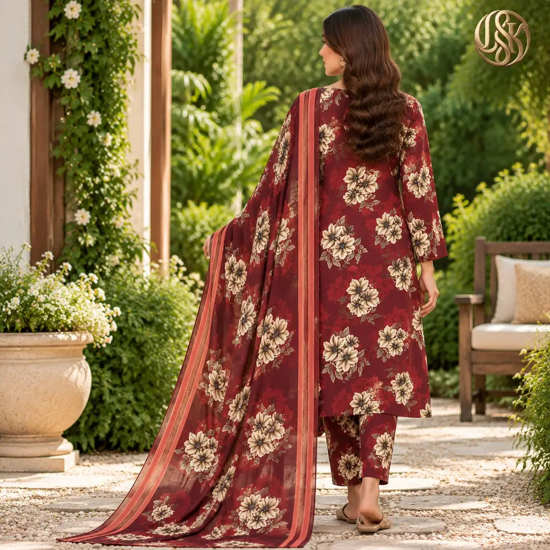 3-Piece Artisanal Digital Print Winter Khaddar Suit — OSK-09 (Charcoal Slate)