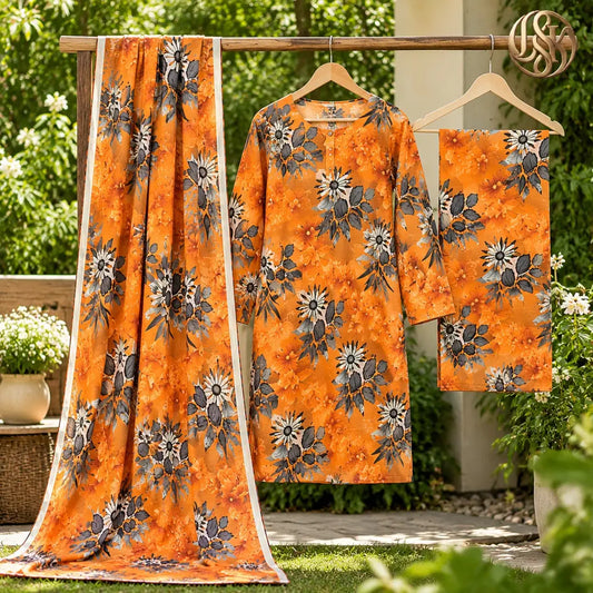 3-Piece Artisanal Digital Print Winter Khaddar Suit — OSK-02 (Rust Terracotta)