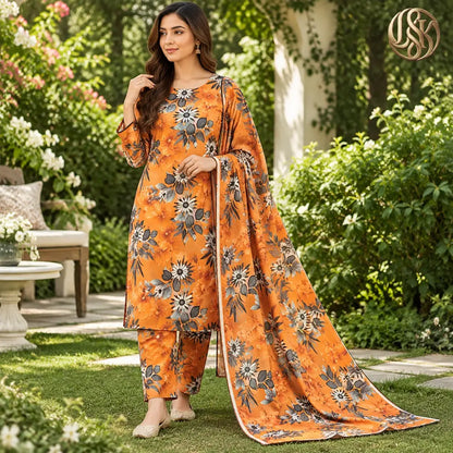 3-Piece Artisanal Digital Print Winter Khaddar Suit — OSK-02 (Rust Terracotta)