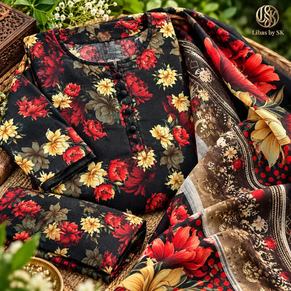3-Piece Artisanal Digital Print Winter Khaddar Suit — OSK-12 (Sunset Ochre)