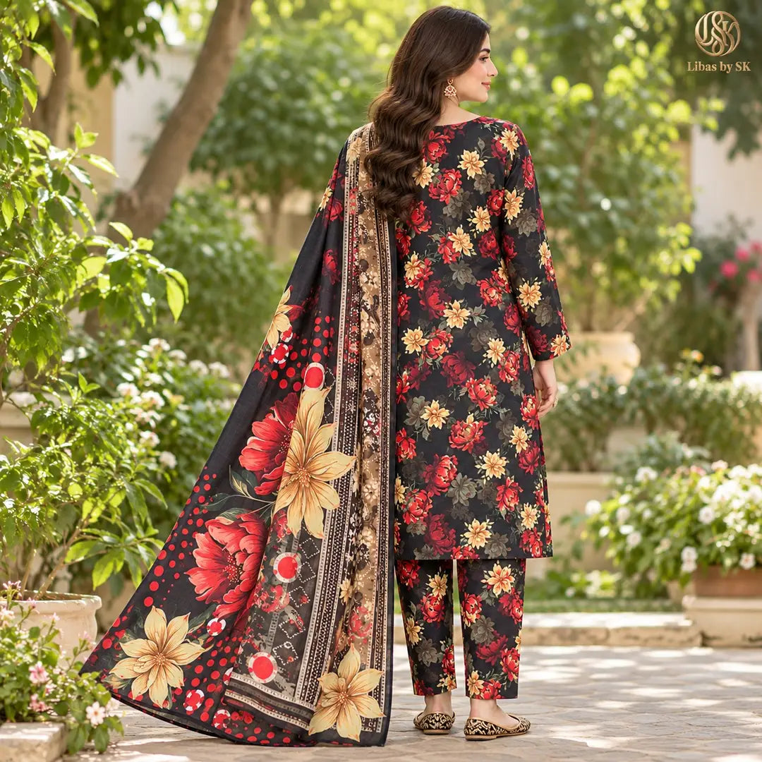 3-Piece Artisanal Digital Print Winter Khaddar Suit — OSK-12 (Sunset Ochre)