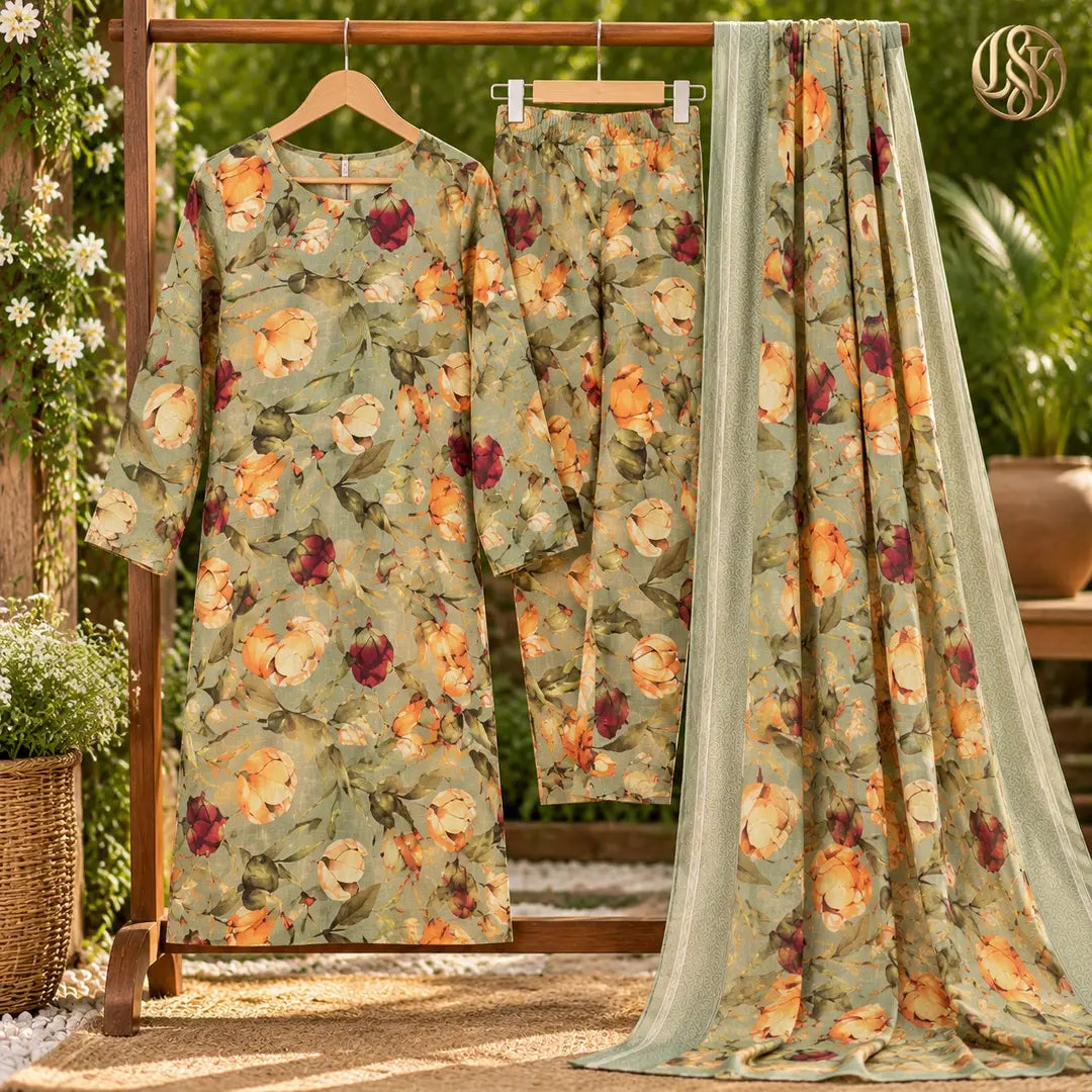 3-Piece Artisanal Digital Print Winter Khaddar Suit — OSK-05 (Sapphire Azure)
