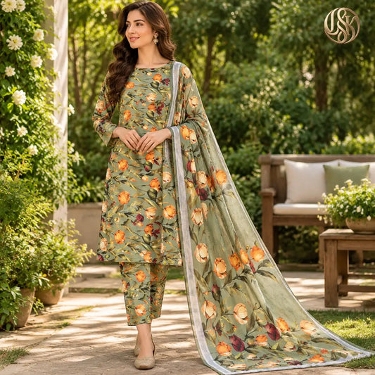 3-Piece Artisanal Digital Print Winter Khaddar Suit — OSK-05 (Sapphire Azure)
