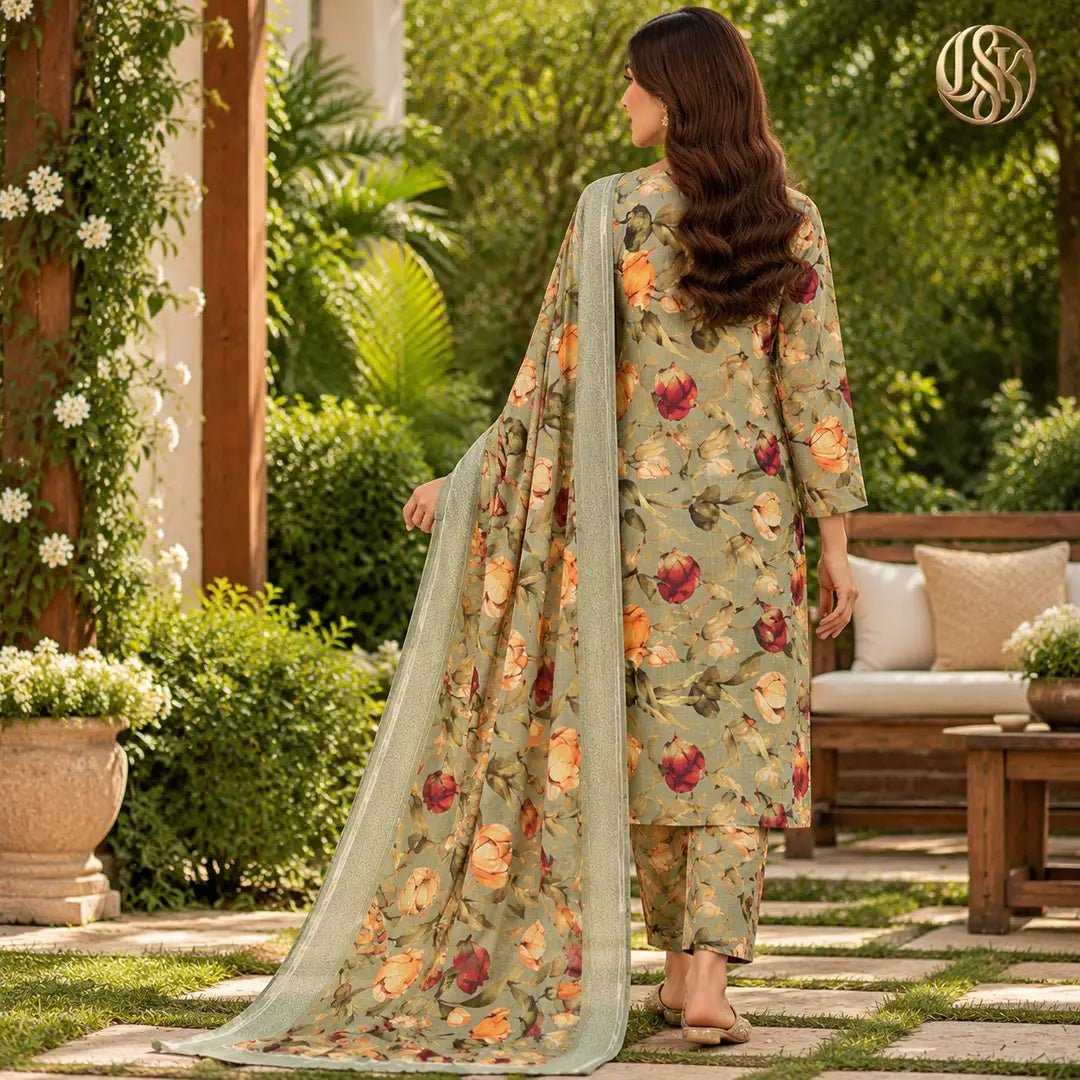 3-Piece Artisanal Digital Print Winter Khaddar Suit — OSK-05 (Sapphire Azure)