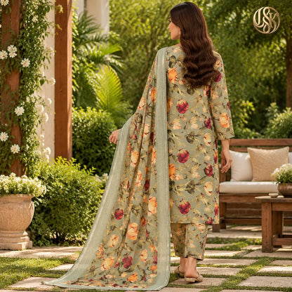 3-Piece Artisanal Digital Print Winter Khaddar Suit — OSK-05 (Sapphire Azure)