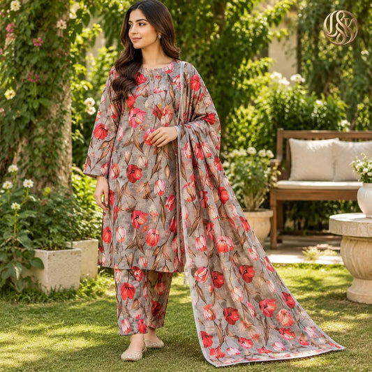 3-Piece Artisanal Digital Print Winter Khaddar Suit — OSK-14 (Midnight Noir)