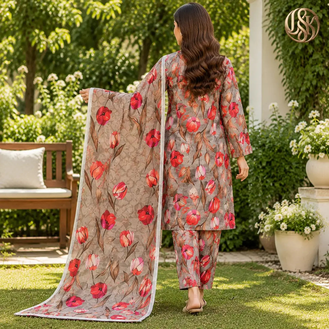 3-Piece Artisanal Digital Print Winter Khaddar Suit — OSK-14 (Midnight Noir)