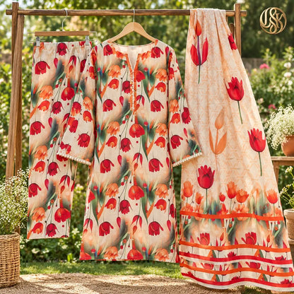 3-Piece Artisanal Digital Print Winter Khaddar Suit — OSK-03 (Ruby Maroon)