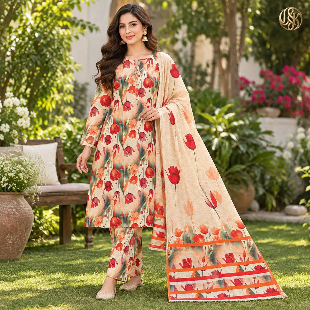 3-Piece Artisanal Digital Print Winter Khaddar Suit — OSK-03 (Ruby Maroon)