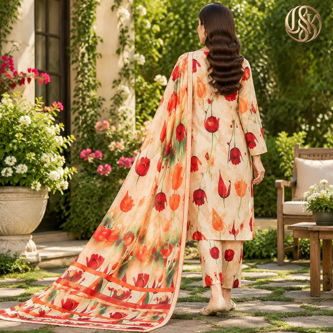 3-Piece Artisanal Digital Print Winter Khaddar Suit — OSK-03 (Ruby Maroon)