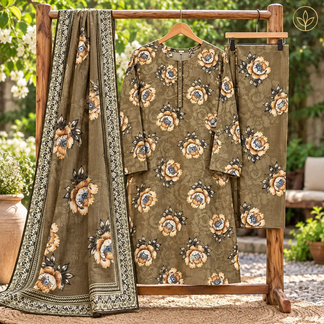 3-Piece Artisanal Digital Print Winter Khaddar Suit — OSK-07 (Forest Green)