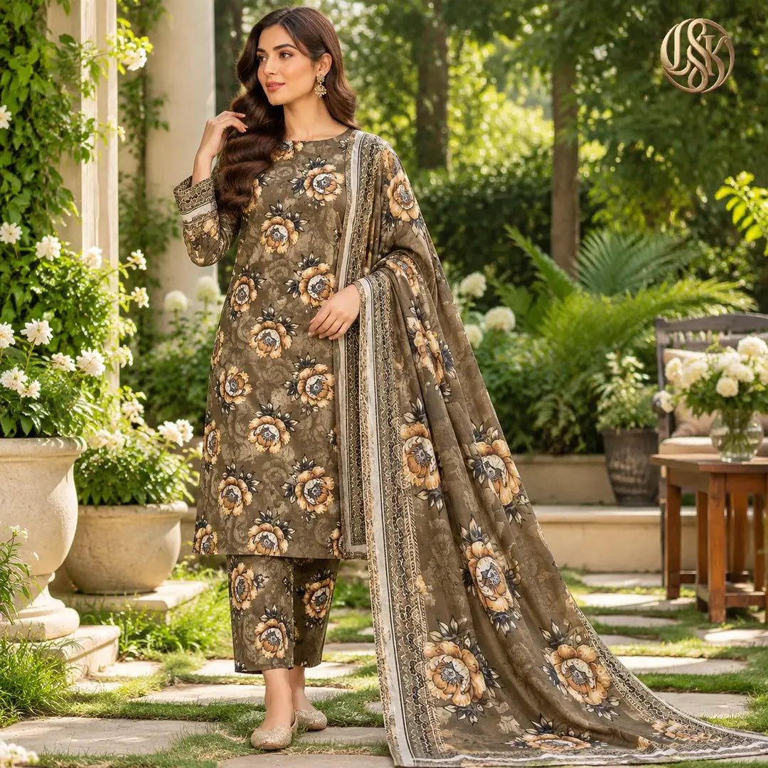 3-Piece Artisanal Digital Print Winter Khaddar Suit — OSK-07 (Forest Green)