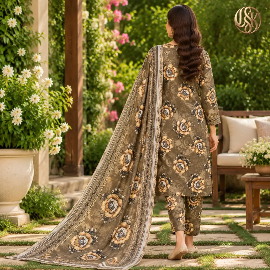 3-Piece Artisanal Digital Print Winter Khaddar Suit — OSK-07 (Forest Green)