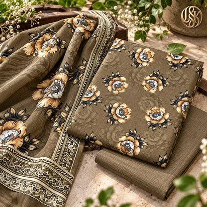 3-Piece Artisanal Digital Print Winter Khaddar Suit — OSK-07 (Forest Green)
