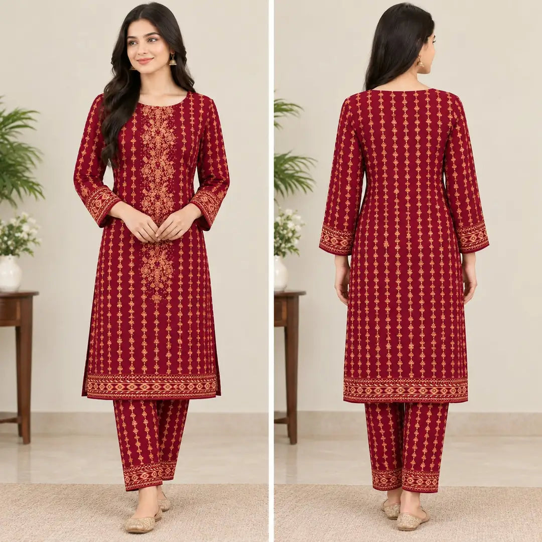 2-Piece Artisanal Floral Winter Khaddar Suit — Midnight Indigo