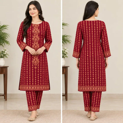 2-Piece Artisanal Floral Winter Khaddar Suit — Midnight Indigo
